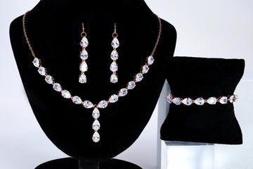 CZ Diamond Tear of Rose Set Jewelry Set, Rose Gold Long Bridal Earrings, Bracelet, Ring And Necklace, Statement Earrings Cz Necklace Set.